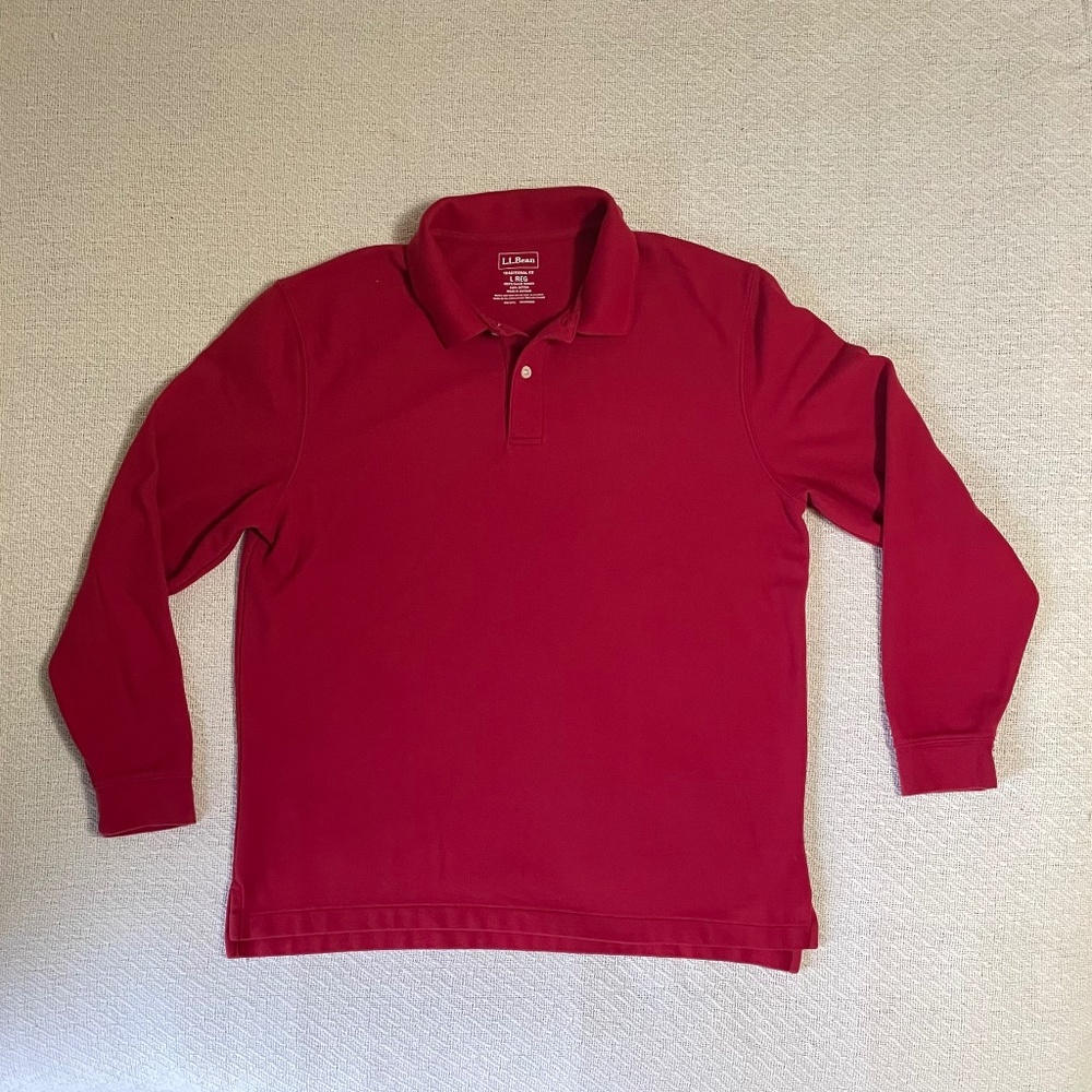 LL Bean long sleeve polo. Large traditional fit. Red. 100% cotton.